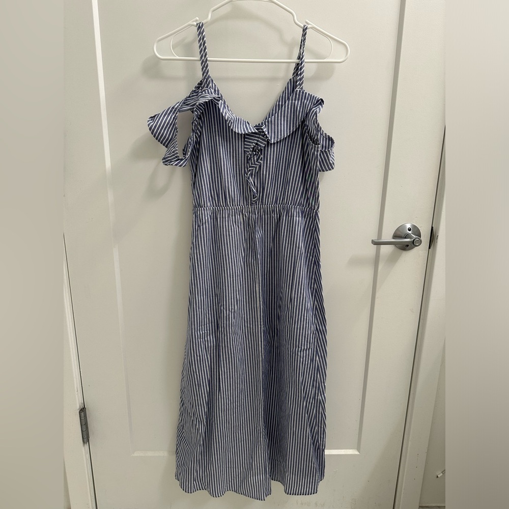 Blue and white striped cotton dress